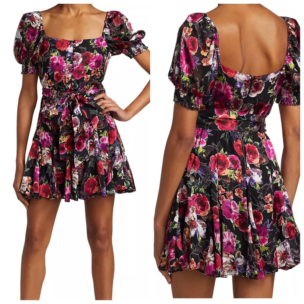Alice + Olivia‎ Mina Mini Dress Midnight Rose Floral Puff Sleeve Fit Size 6 NWT